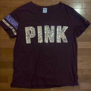 PINK Sequin Logo V-Neck Tee